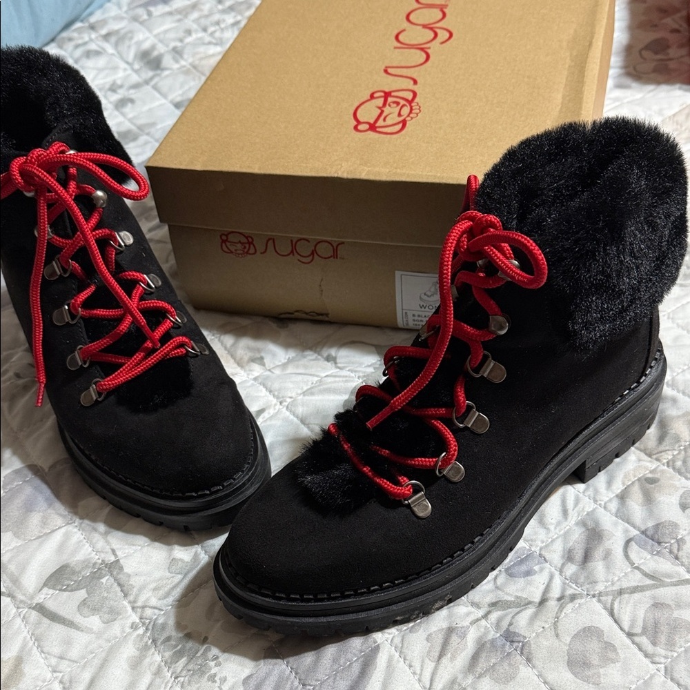 Sugar Women's Black Boots with Red Laces